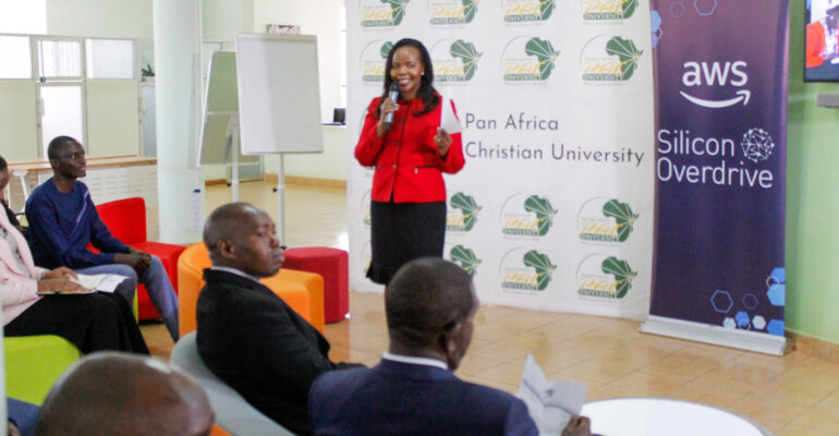 PAC University Librarian, Ms. Josleen Rutere, speaks at the launch ceremony